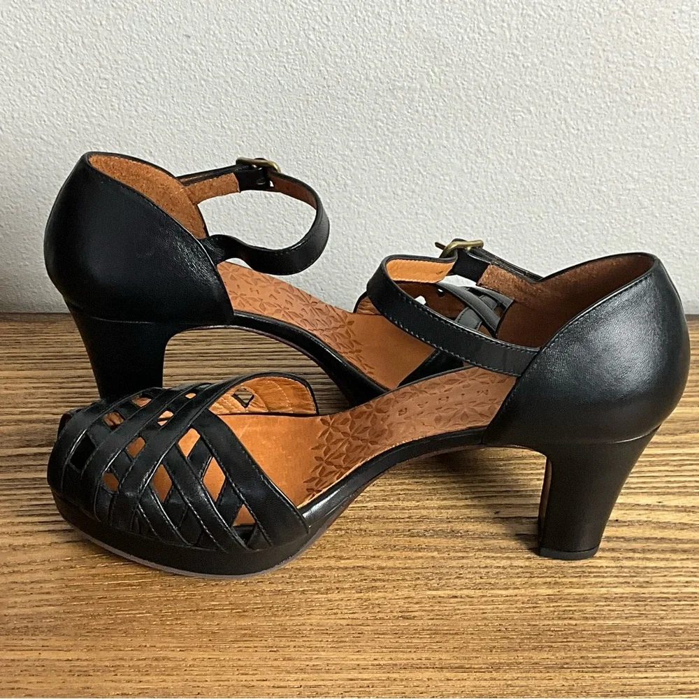 Chie Mihara Black Leather Woven Ankle-Strap Heels